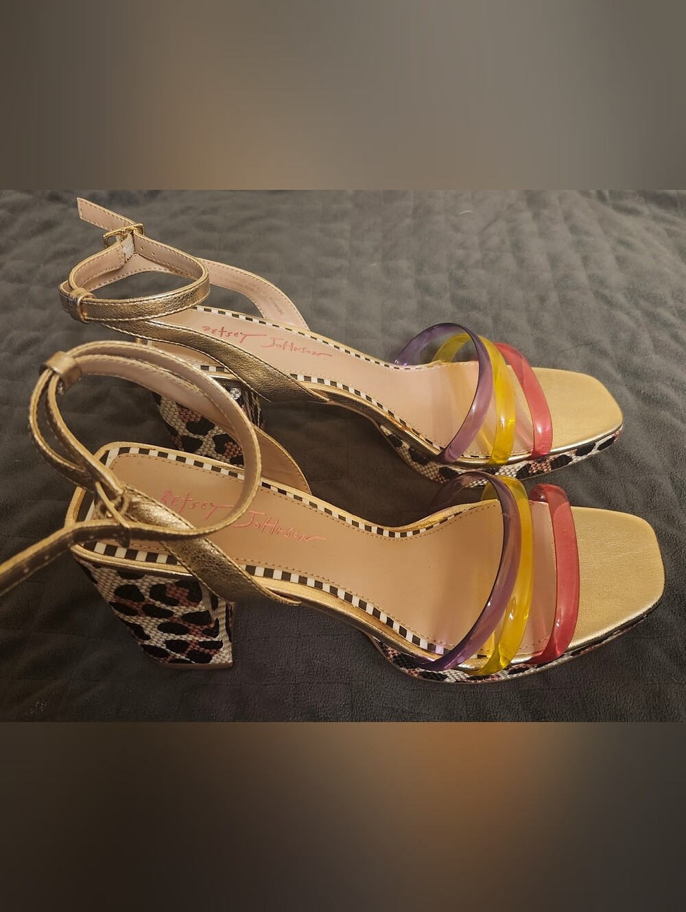 Never worn! Betsey Johnson Roni leopard print heels with multicolor jelly bands - Picture 5 of 8